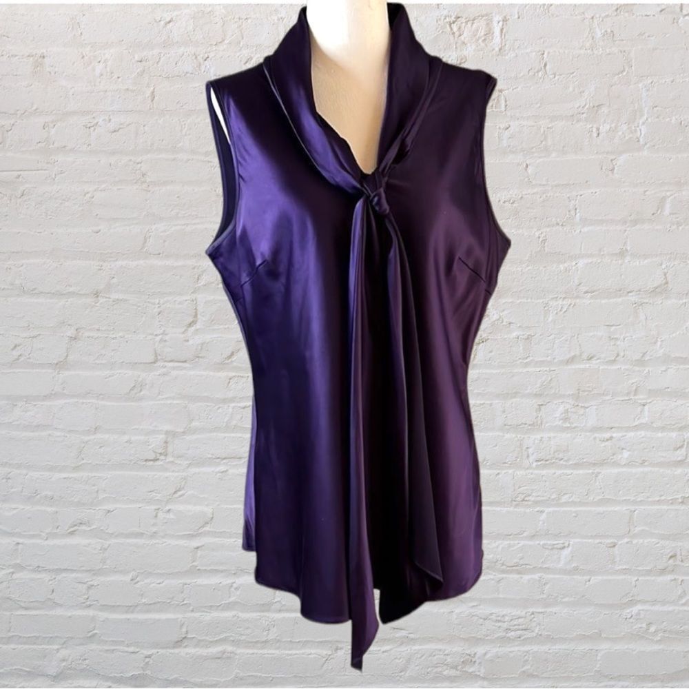 𝅺spense dark purple silky blouse with attached scarf. Sleeveless. Size large.